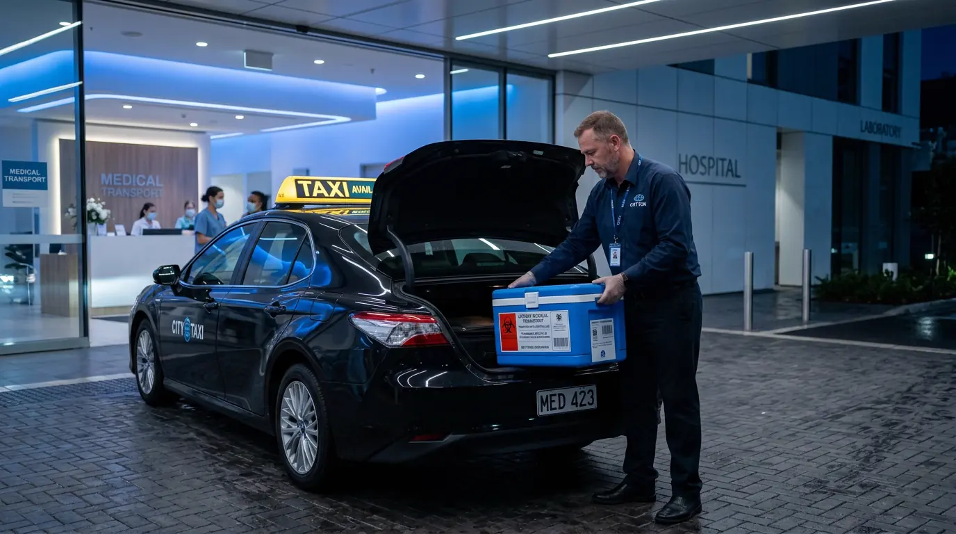 Colis médical sous température contrôlée transporté en taxi pour une livraison longue distance entre hôpitaux
