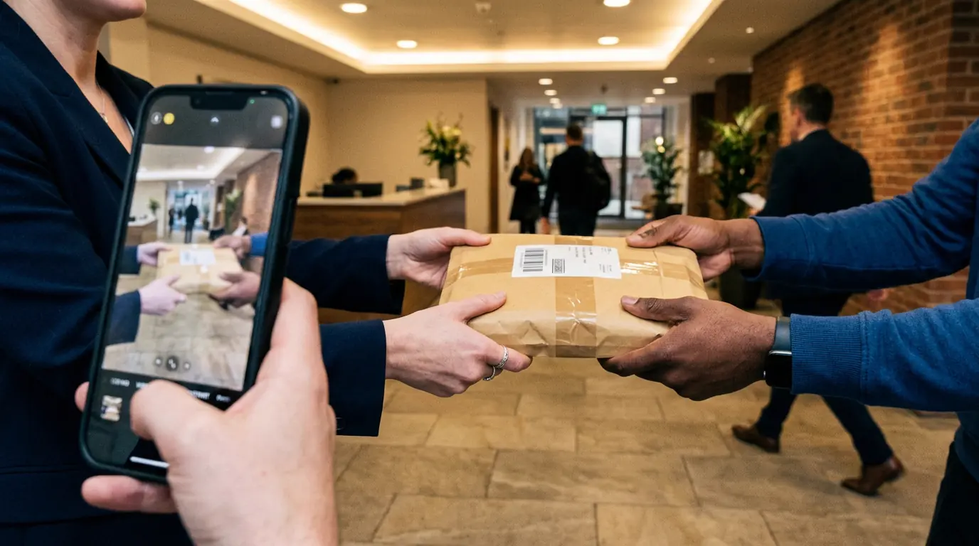 Colis remis de main à main dans un hall d'accueil, photographié au téléphone comme preuve de livraison