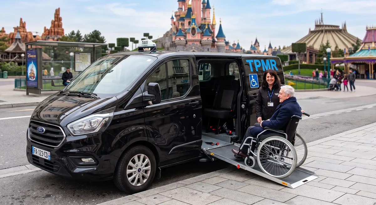 Taxi TPMR noir avec rampe d'accès déployée, embarquement d'un passager en fauteuil roulant devant le château de Disneyland Paris