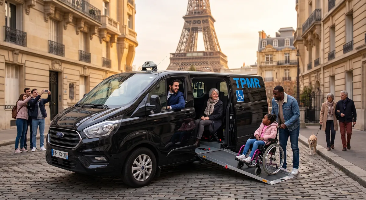 Taxi TPMR avec rampe déployée à Paris, une enfant en fauteuil roulant s'apprête à monter, la Tour Eiffel en arrière-plan