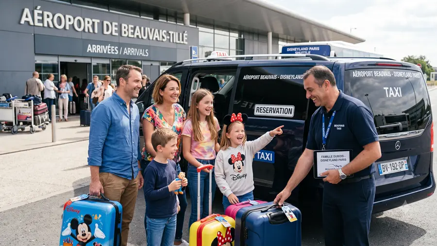 Taxi à Beauvais — famille accueillie par son chauffeur à l'aéroport de Beauvais-Tillé, départ vers Disneyland Paris