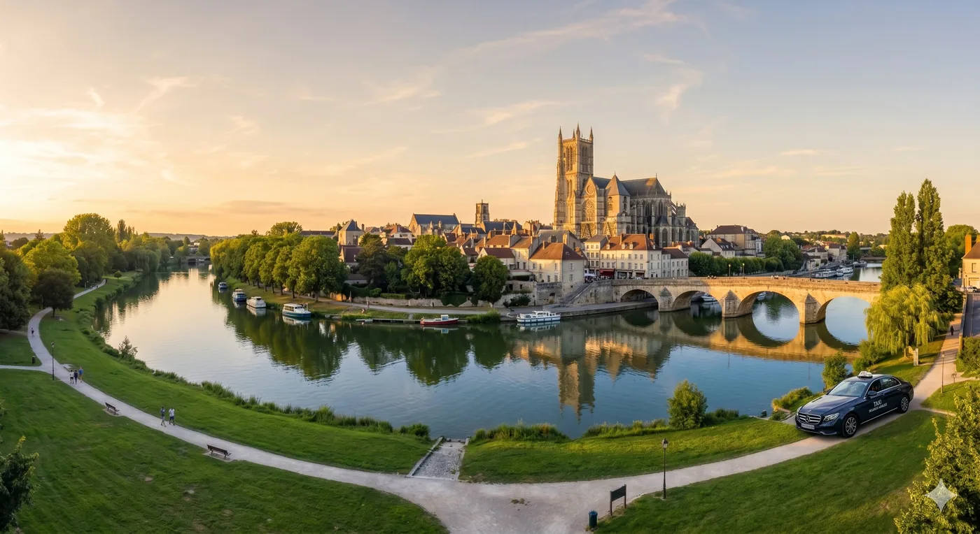 Vue de Meaux au coucher de soleil : la cathédrale Saint-Étienne, les bords de Marne et le vieux pont — zone desservie par Taxi Marne-la-Vallée