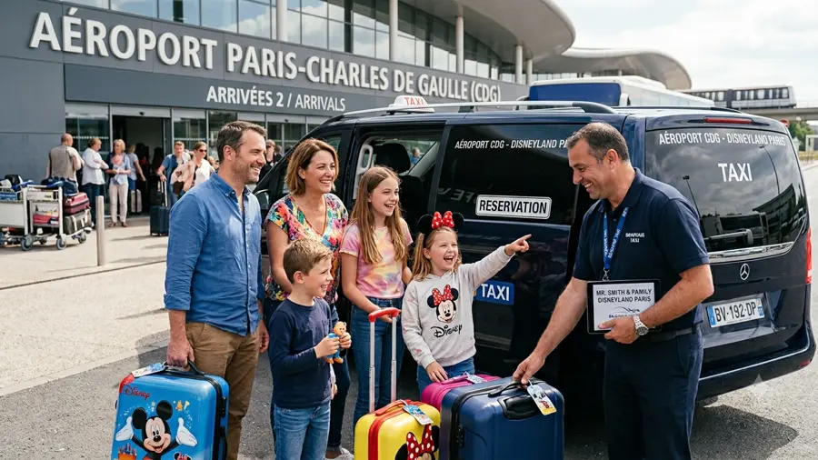 Taxi à Roissy CDG — famille accueillie par son chauffeur à l'aéroport Paris-Charles-de-Gaulle, départ vers Disneyland Paris